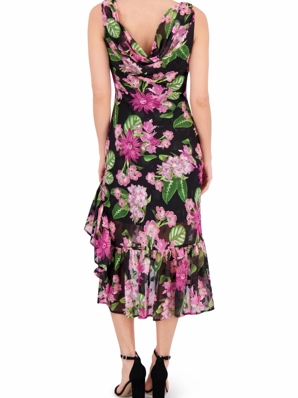 Kensie Black Midi Dress with Pink Floral Print - Picture 2 of 6